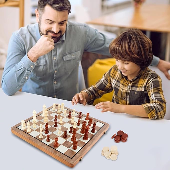 MerryPony 2 in 1 Magnetic Wooden Chess and Checkers Set 15 Foldable Chess set for Adults & Kids Chess Board with 2 Extra Queens Travel Chess Set with Pieces Storage Slots Ideal Chess for Begi