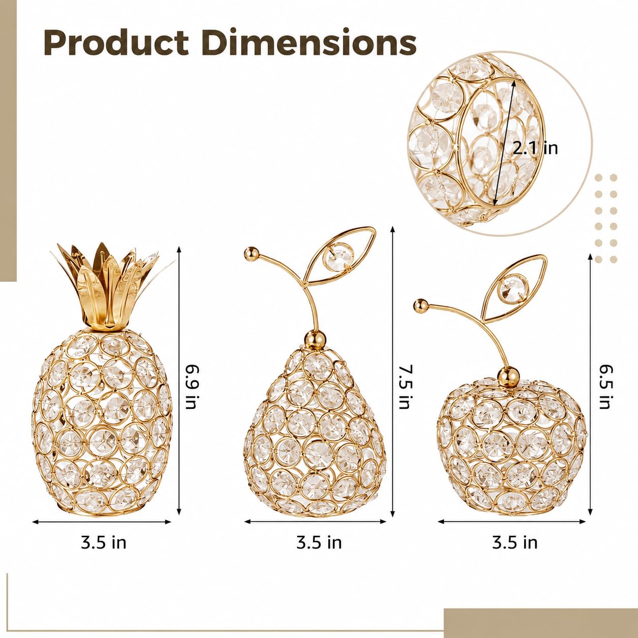 3 Pcs Golden Crystal Hollow Candlestick, Metal Crystal Table Centerpiece, Including Pineapple Pear Apple, Decorative Candlestick, Ideal for Wedding, Party, Anniversary and Home Decor
