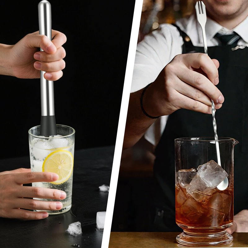 4Pcs 10'' Muddler and Spoon Set for Cocktails 304 Stainless Steel Fruit Smasher Home Bar Bartender Accessories Stirrers Mixing Tools for Mojitos Drinks Lemonade Stand Supplies
