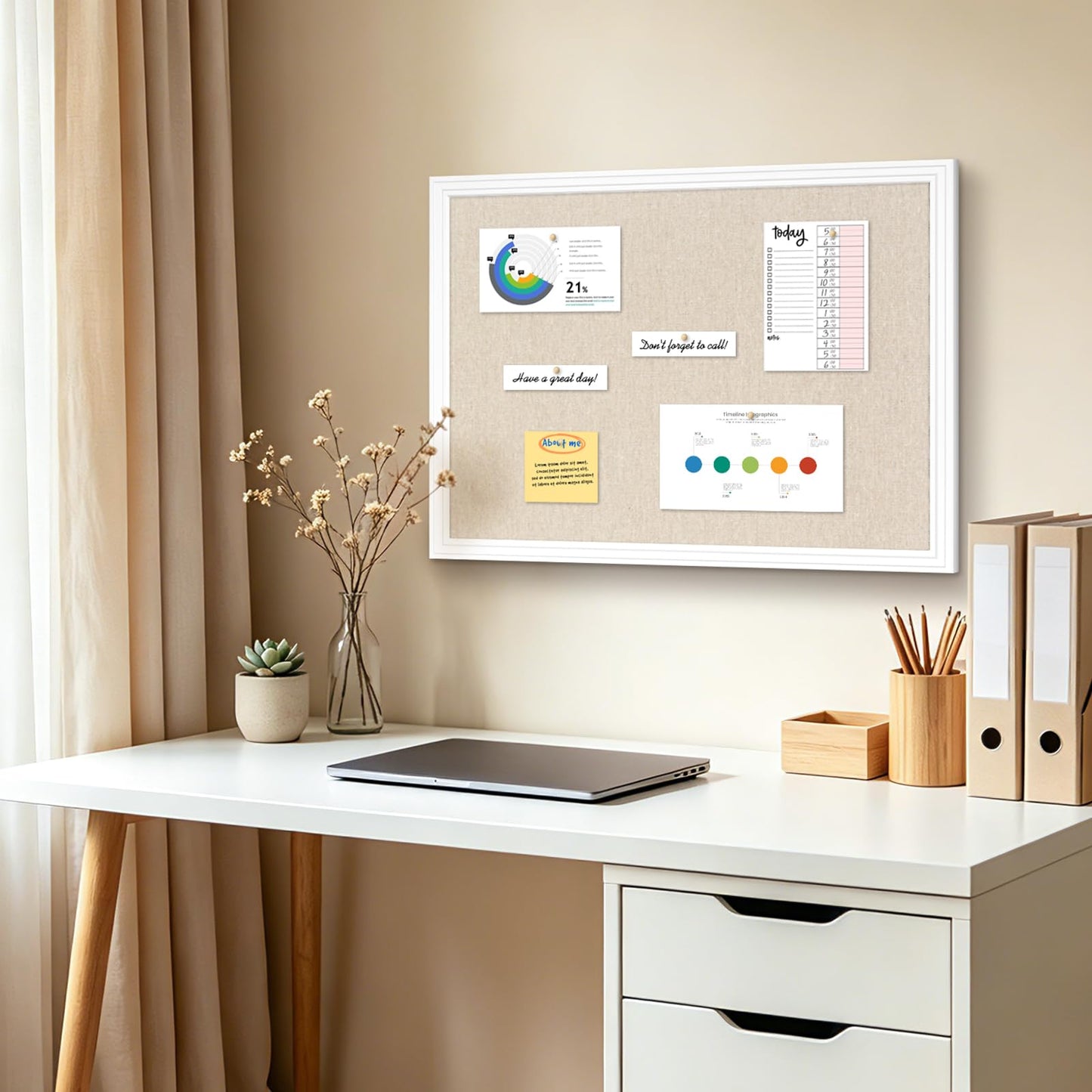 DOLLAR BOSS Linen Bulletin Board 36" x 24", Decorative Cork Boards for Walls with White Wood Frame, Premium Fabric Pin Board for Office, Home & School Room Decor, White