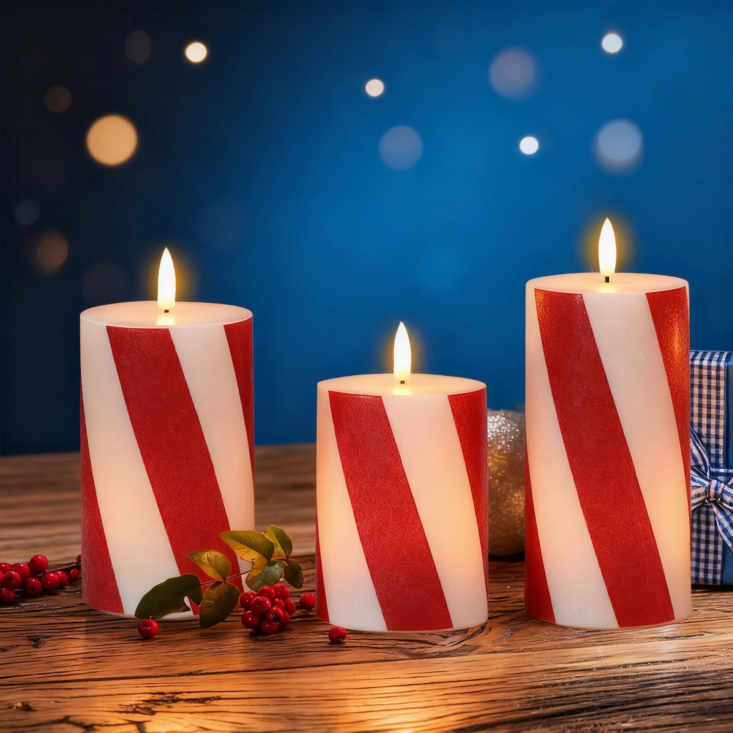 Wondise Christmas Red Stripes Glitter Flickering Flameless Candles with Remote Timer, Battery Operated Pillar Candles Real Wax LED Candles for Home Christmas Decoration Gift(D3 x H4 x5 x6)