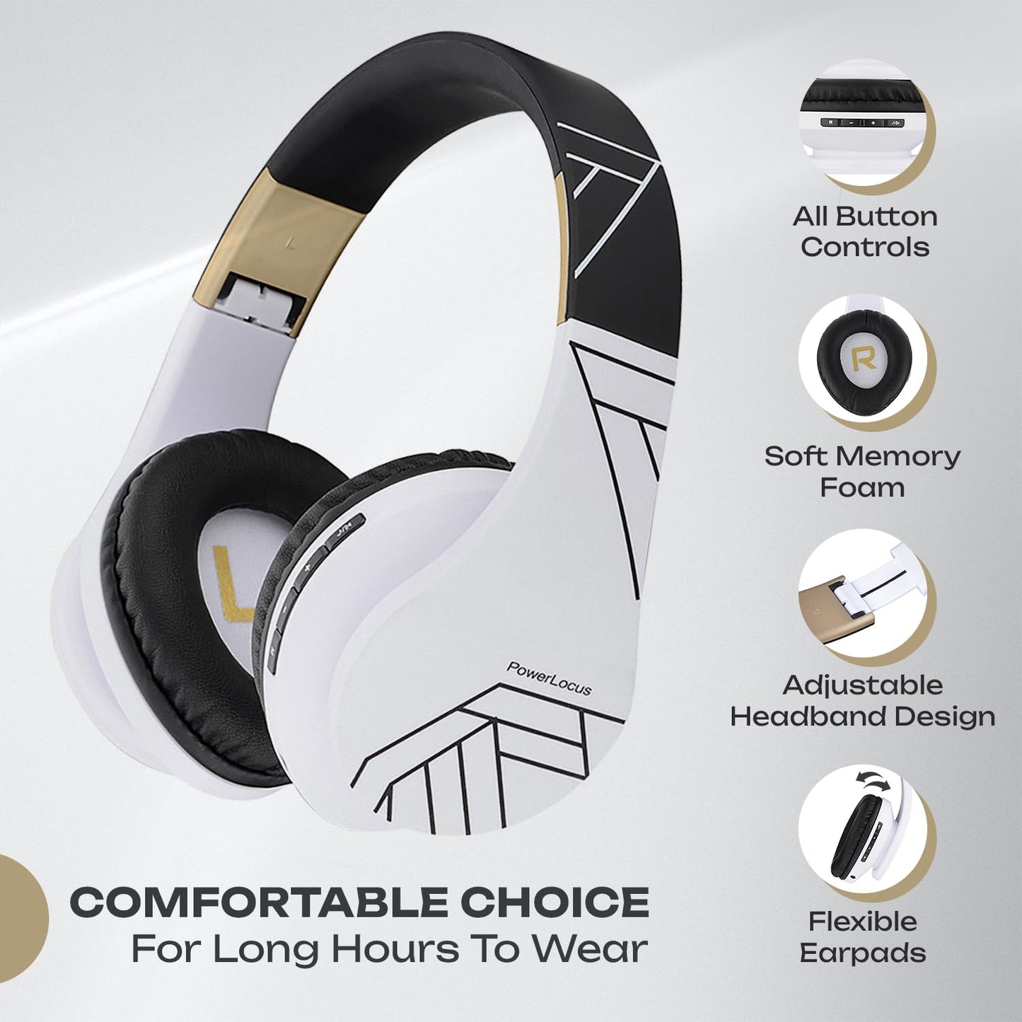 PowerLocus Bluetooth Over-Ear Headphones, Wireless Stereo Foldable Headphones Wireless and Wired Headsets with Built-in Mic, Micro SD/TF, FM for iPhone/Samsung/iPad/PC (Black/White)