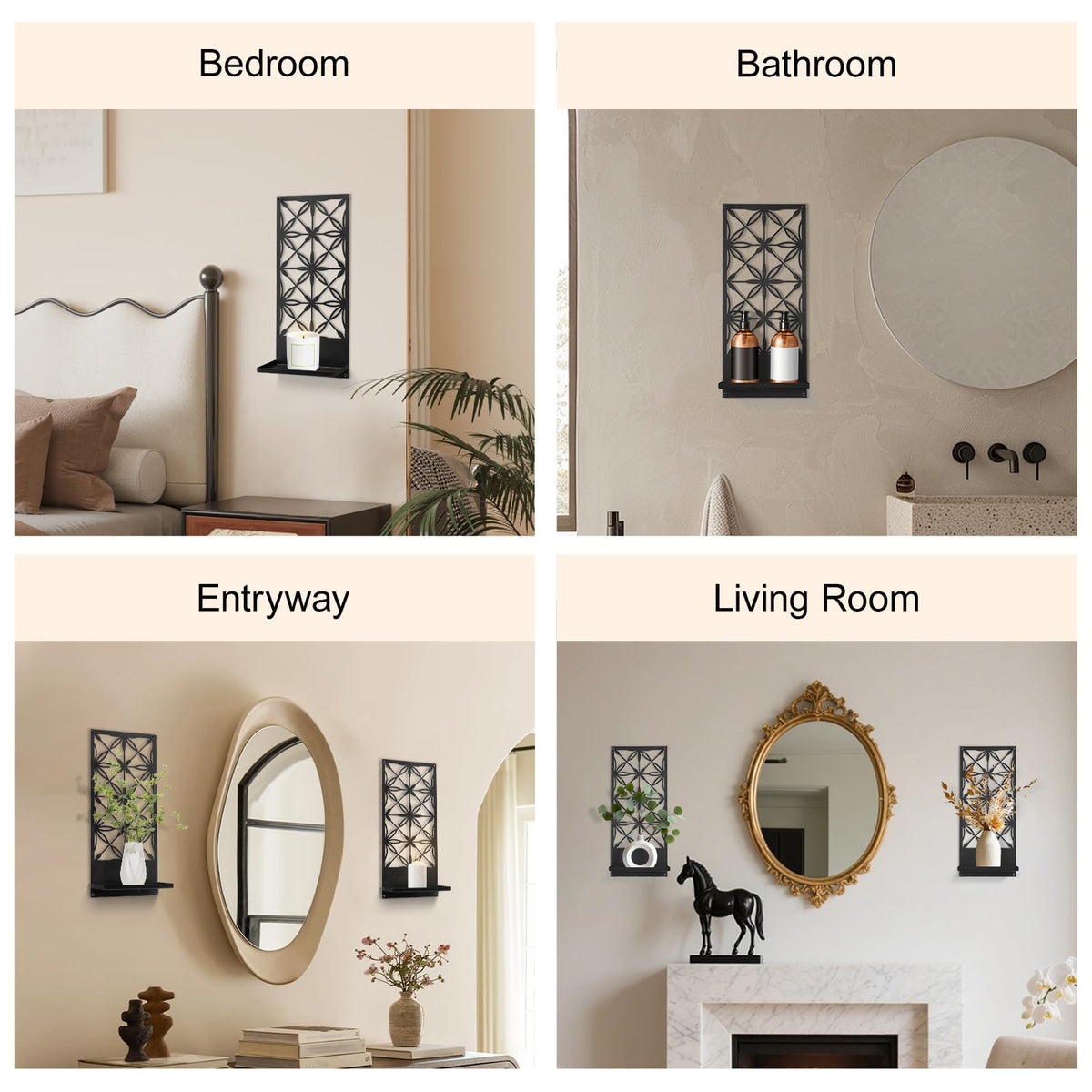 Doodlream 2 Pack Candle Wall Sconces, Retro Black Metal Wall Candle Holders, Foldable Floating Shelves with Rectangle Floral Geometric Back, Farmhouse Wall Decor for Entryway Living Room Bedroom