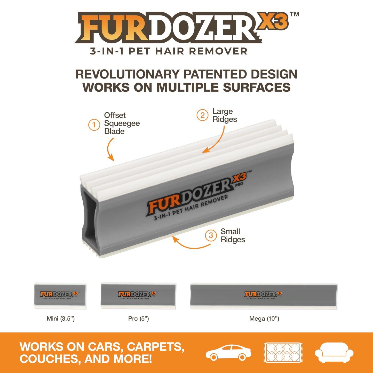 FurDozer X3 PRO Pet Hair Remover & Auto Detailing Tool - Cat & Dog Hair Remover for Carpets, Car Interiors, Couches, Bedding, & Furniture - Reusable Pet Hair Removal Tool for Dog Fur & Lint, 5", Grey