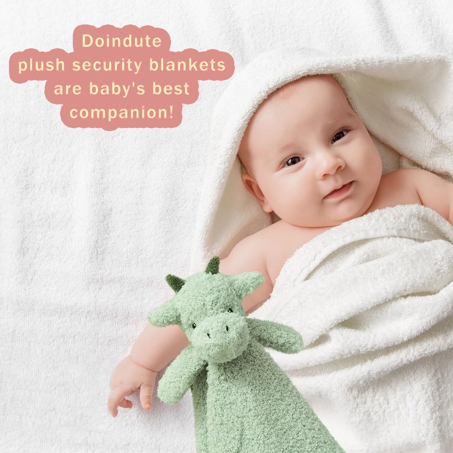 Doindute Baby Green Dragon Soft Stuffed Animal Security Blanket, Plush Dinosaur Character Lovey Blanket, Baby Shower/Nursery Gift, Newborn Infant Toddler Snuggle Blankie for Boys Girls, 14 Inches