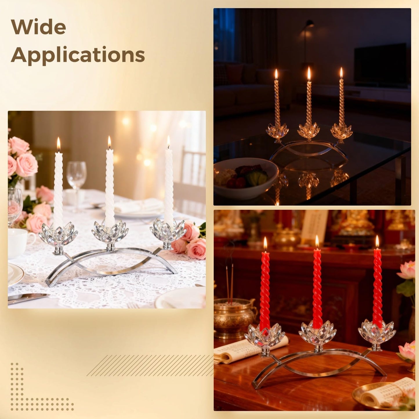 LUMINFLY Crystal Lotus Candle Holders, 11.4 in Silver Table Centerpiece, 3-Head Lotus Candlestick with Glass Petals, Nickel-Plated Metal, for Home Decor, Wedding, Dining
