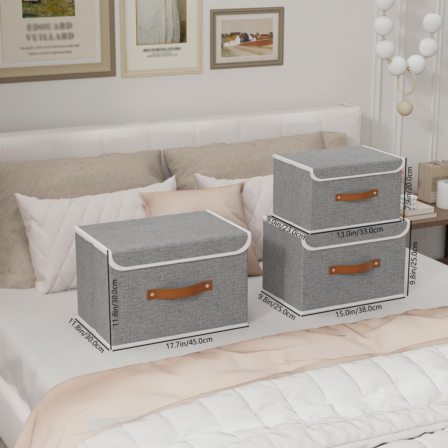 Yawinhe Collapsible Storage Bin, Cube Organizer Basket, Fabric Box with Lids, Washable and Leather Handle, for Home, Closet, Grey, 15.0''Lx9.8''Wx9.8''H, 5-Pack, USNK024GL-5