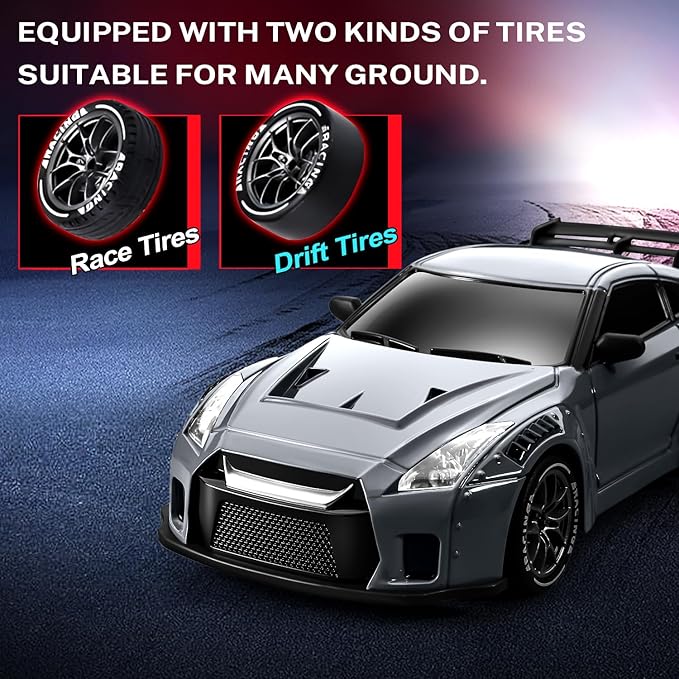 ACAMMZAR RC Drift Car 1:24 Remote Control Car for Kids 20KM/H 4WD High Speed RC Cars with Lights Extra Racing Tires Vehicle for Adults Boys Girls Gray