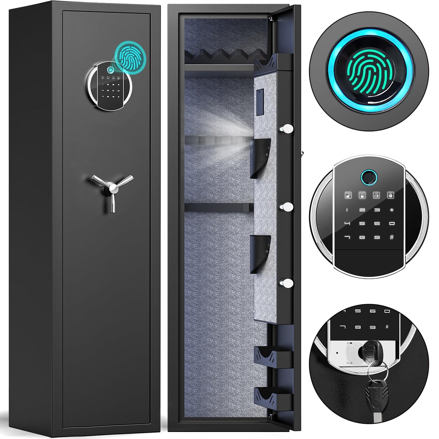 Omethey Fireproof Gun Safe, 5 Gun Heavy Biometric Fingerprint Rifle Safe, Gun Safes for Home Rifle and Pistols with LCD Screen Keypad and Silent Mode, 3 Adjustable Gun Slots