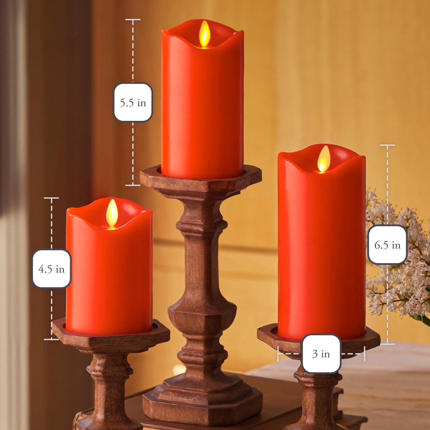 Matchless Candle Co. by Luminara Set of 3 (3" x 4.5",5.5",6.5") Flameless LED Flickering Battery Candle Moving Flame Pillar, Melted Edge, Real Wax Smooth Finish (Bright Red)