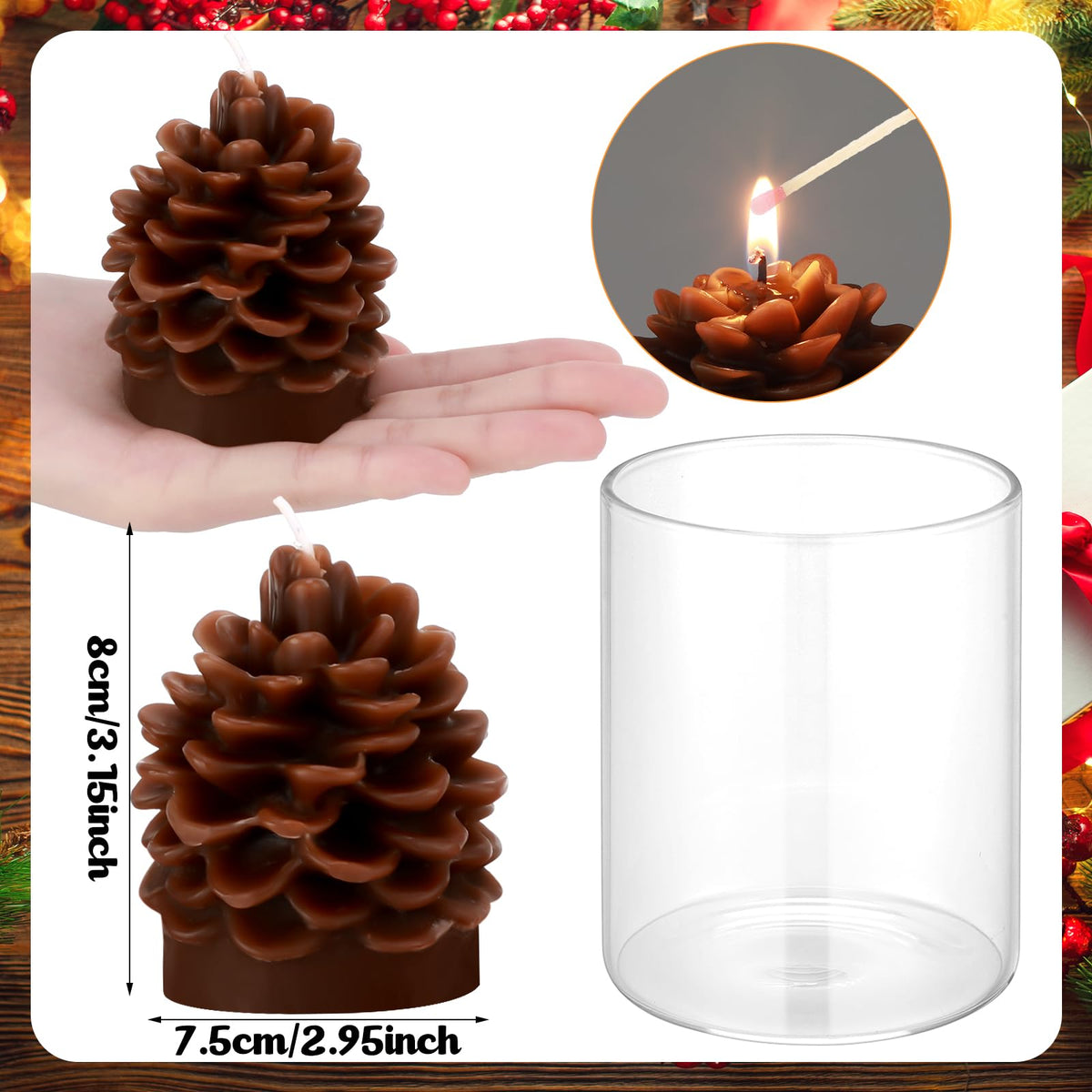 Riakrum 6 Sets Pine Cone Candles Flammable Acorn Decor with Straight Glass Container Real Wax Unscented Candle for Winter Holiday Decoration