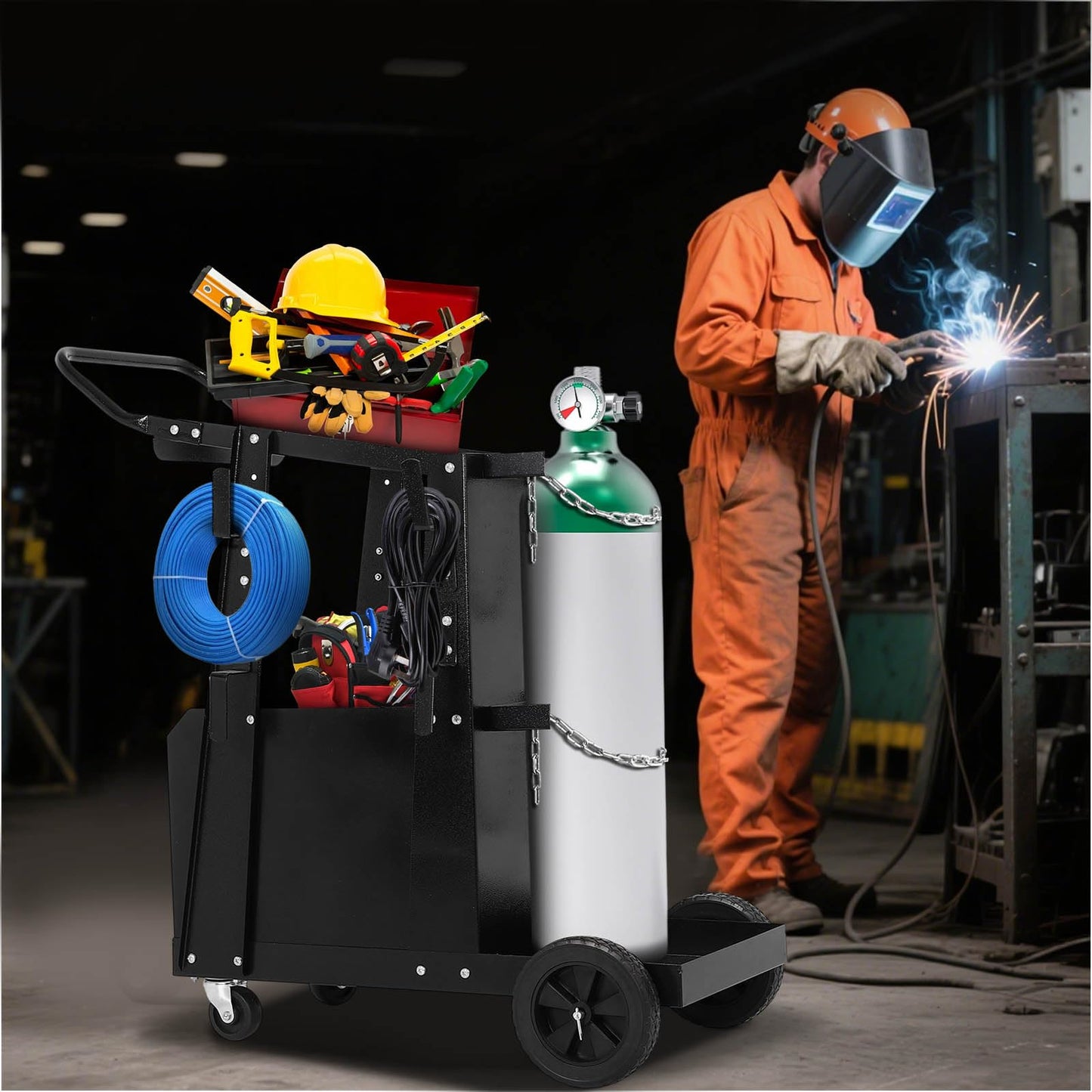 FAHKNS Welding Cart - Heavy Duty Welding Carts for MIG Welder & Plasma Cutter,Welding Cart with Large Capacity Lockable Cabinet, 360° Swivel Wheels, Cable Hook,Static Load Capacity 220 LBS