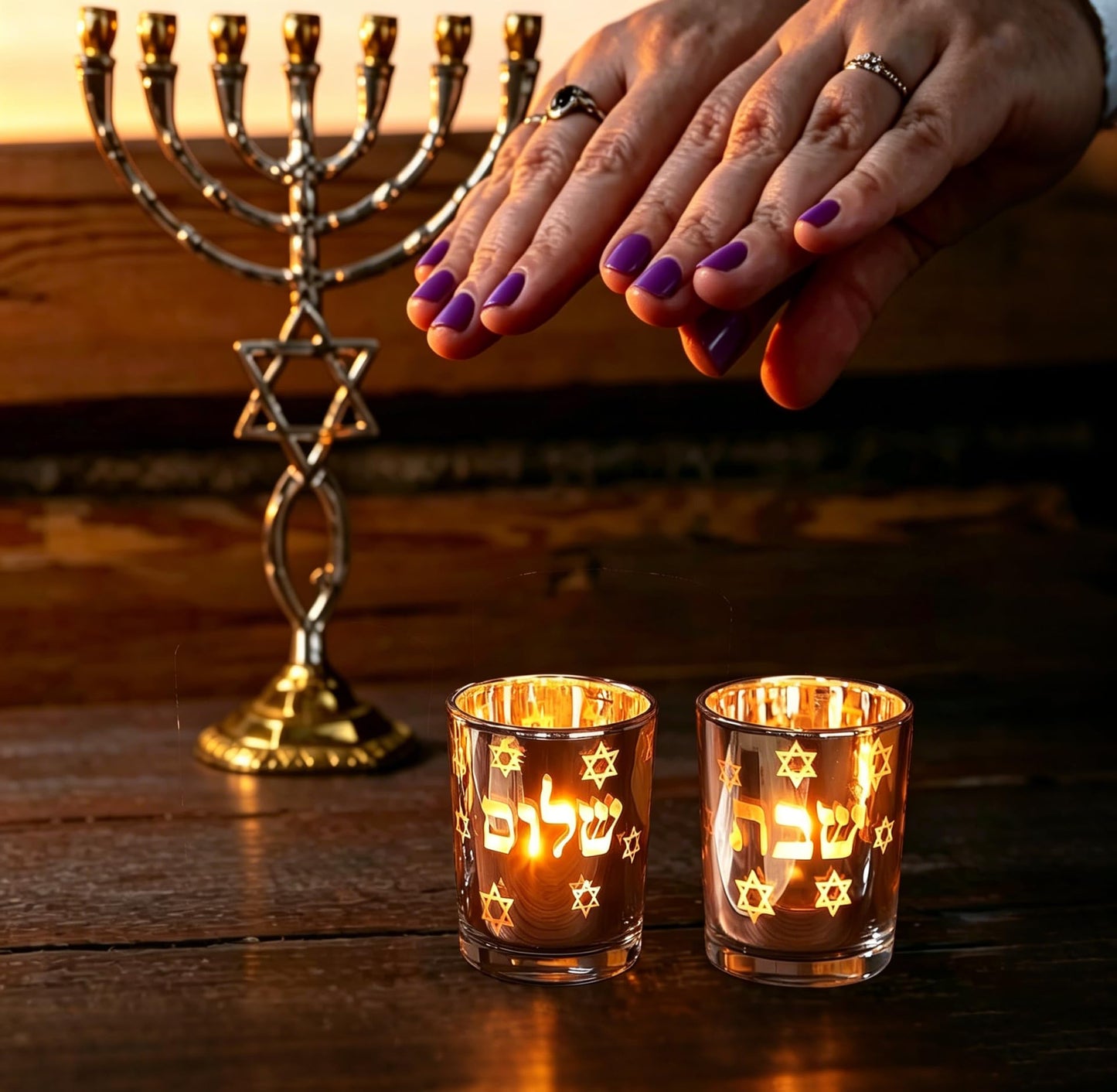 ZIVOSELY Set of 2 Glass Shabbat Candle Holders, Thickened Heat-Resistant Electroplated Glass Tea Light Holders for Jewish Judaica Sabbath Hanukkah Gifts, Gold & Silver