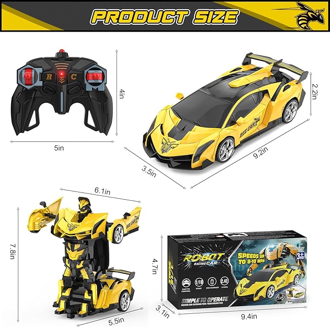 BLUEJAY Transform Rc Cars for Boys 4-7 8-12 2.4Ghz Remote Control Car 1:18 Scale Transforming Robot One-Button Deformation 360° Rotation Car Toy Gifts for Boys 3-5