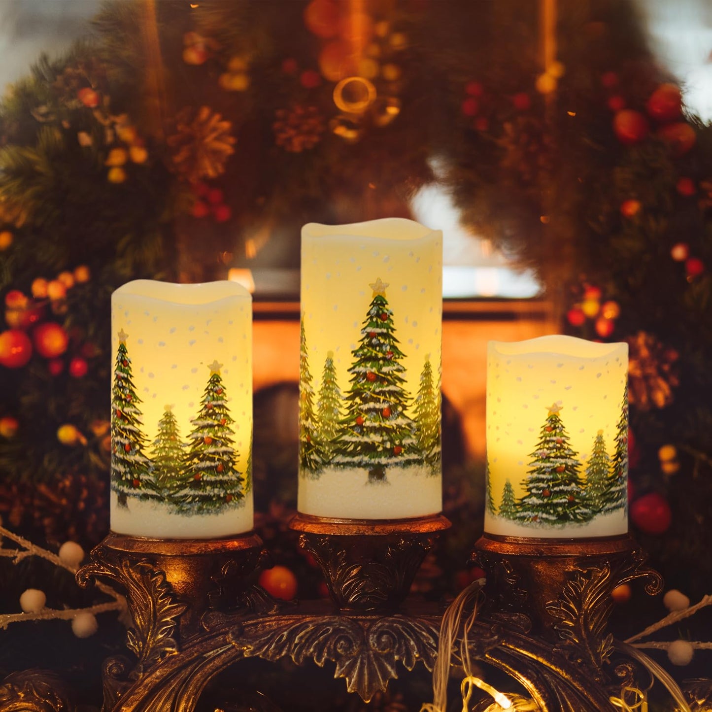 Wondise Flameless Flickering Pillar Candles with Remote Timer, Real Wax Battery Operated Christmas Tree Pine Tree Decal LED Candle for Christmas Decoration Gifts, Set of 3(D3 x H4/5/6 Inch)