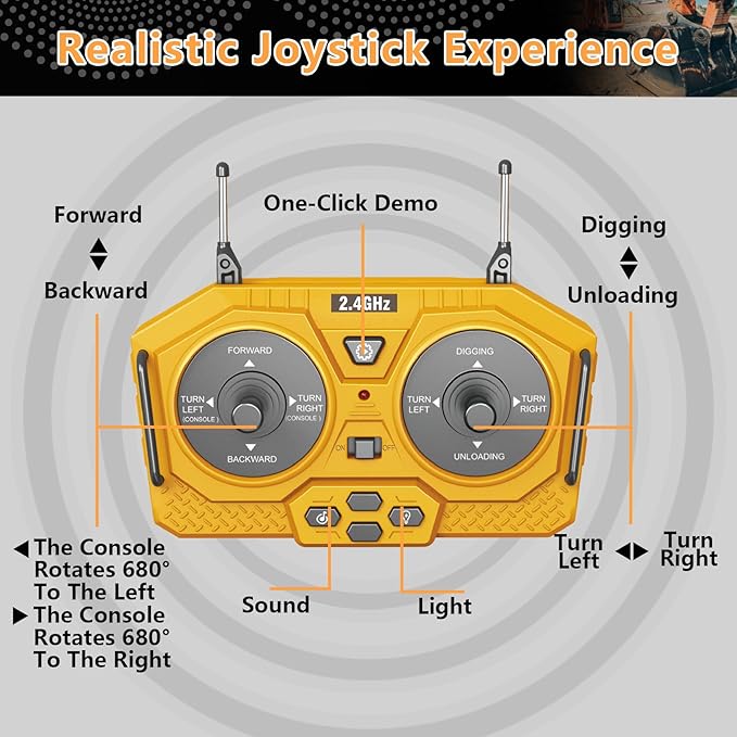 PREPOP Remote Control Excavator Toy for 6-12 yr Boys Best Birthday Gifts for Kids 4-7 8 9 10 11 Year Old RC Construction Toys with Metal Shovel Lights Sounds 2.4Ghz