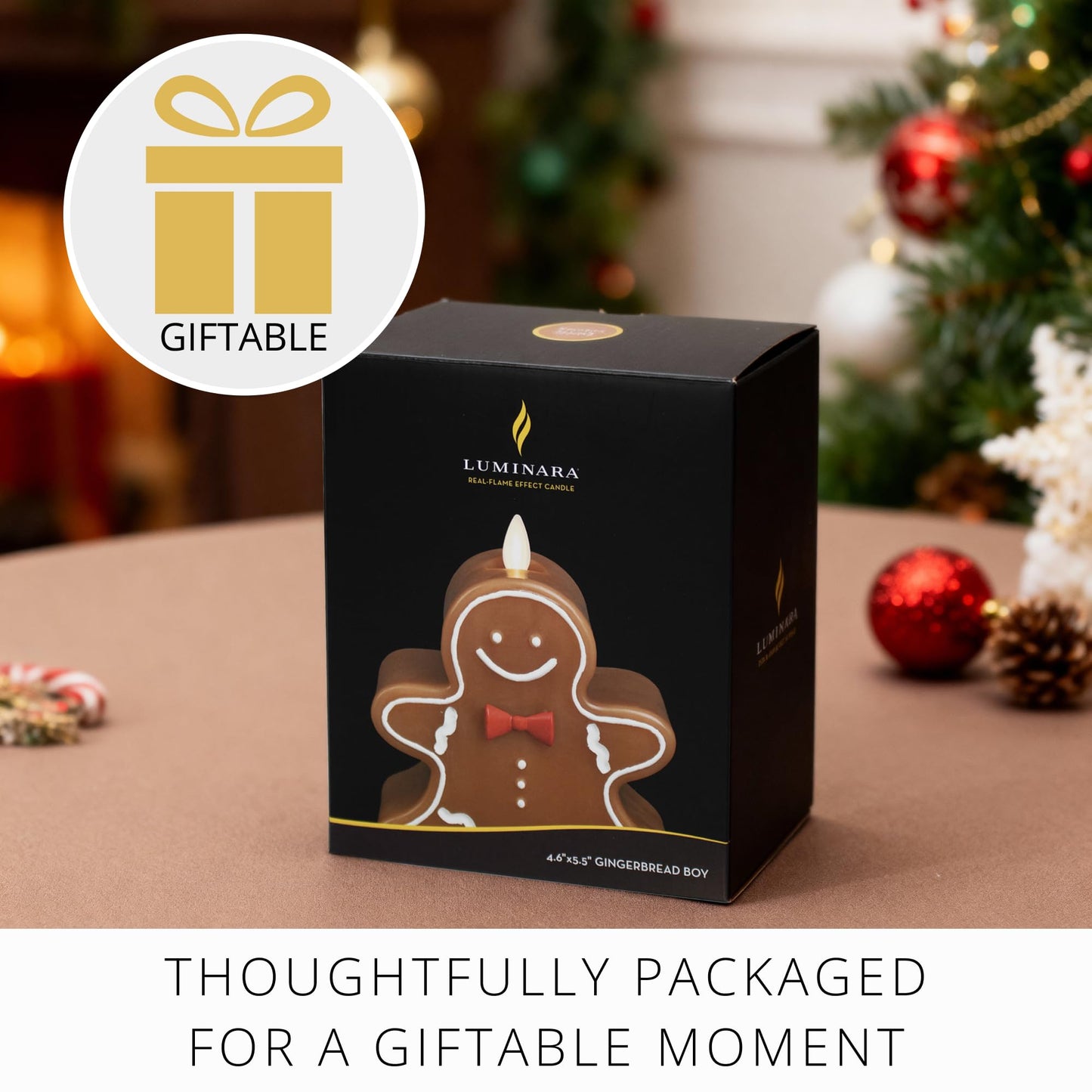 Luminara Flameless Candle Moving Flame LED with Timer, Real Unscented Wax Gingerbread Boy Figural 4.6"x5.5", Battery Operated Christmas Holiday Decor, Remote Compatible (Batteries Not Included)
