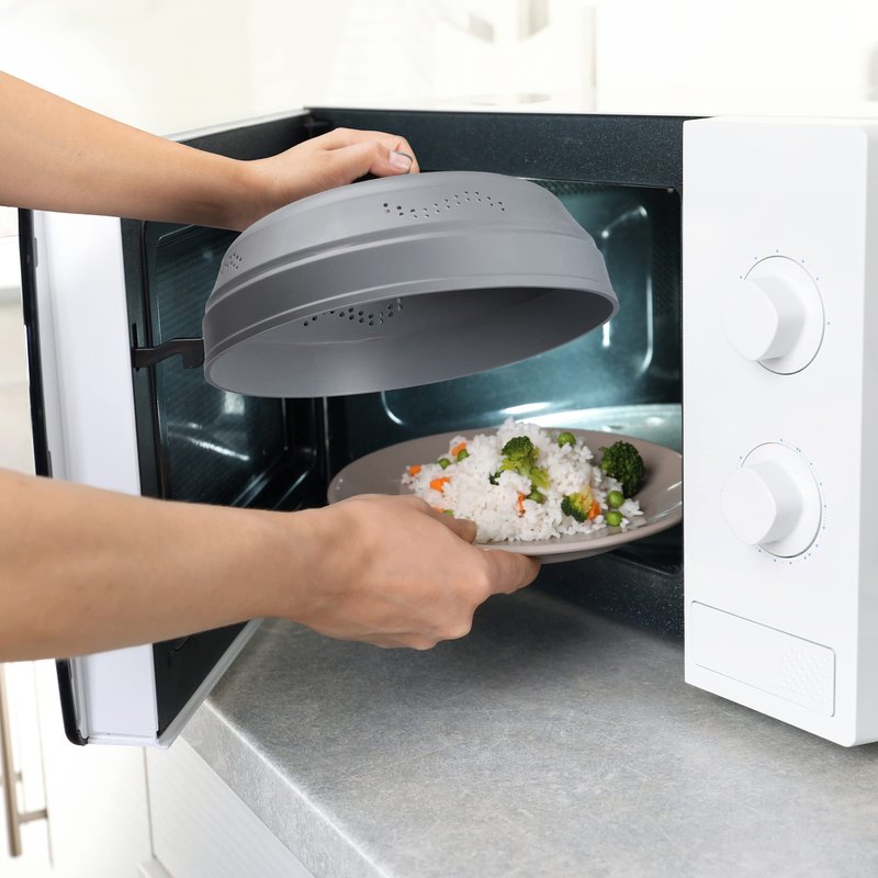 Microwave Splatter Cover for Food - Silicone Glass Dish Plate Cover, Vented with Silicone Grip Handle Knob, Collapsible, Food Grade, Microwave, Dishwasher Safe - 10" Inch
