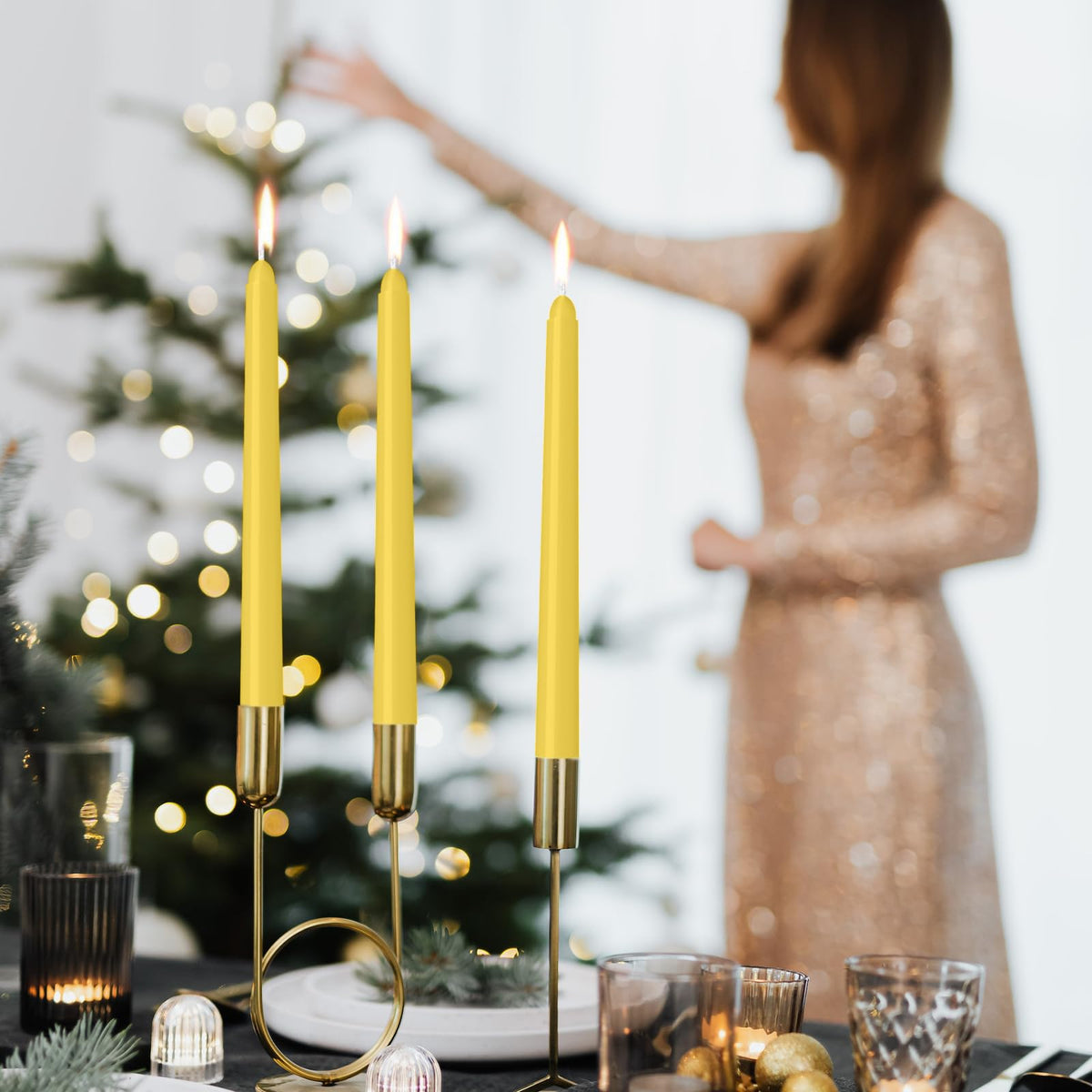 LYOBATH 12 Pack Yellow Taper Candles - Taper Candles 10 Inch Dripless, Smokeless & Unscented - 8 Hours Long Burning - Ideal for Weddings, Dinner Parties, and Home Decor
