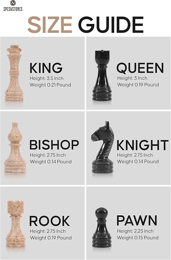 Marble Chess Set 15 Inch Handmade Travertine & Black Luxury Board Games for Adults Elegant Table top Board Game Travel Chess Pieces & Storage Box for Gifts & Home Decor