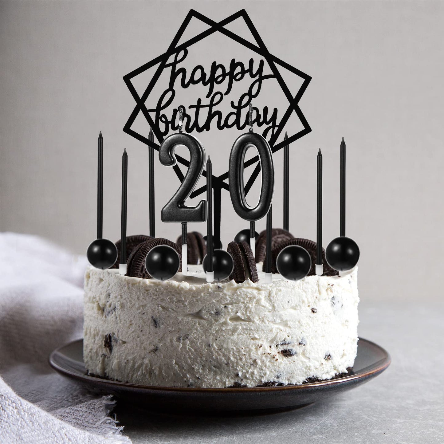 Yerliker 34 Pcs Happy Birthday Cake Toppers Decorations Birthday Candles DIY Cake Decor for Men Women Wedding Anniversary(Black)