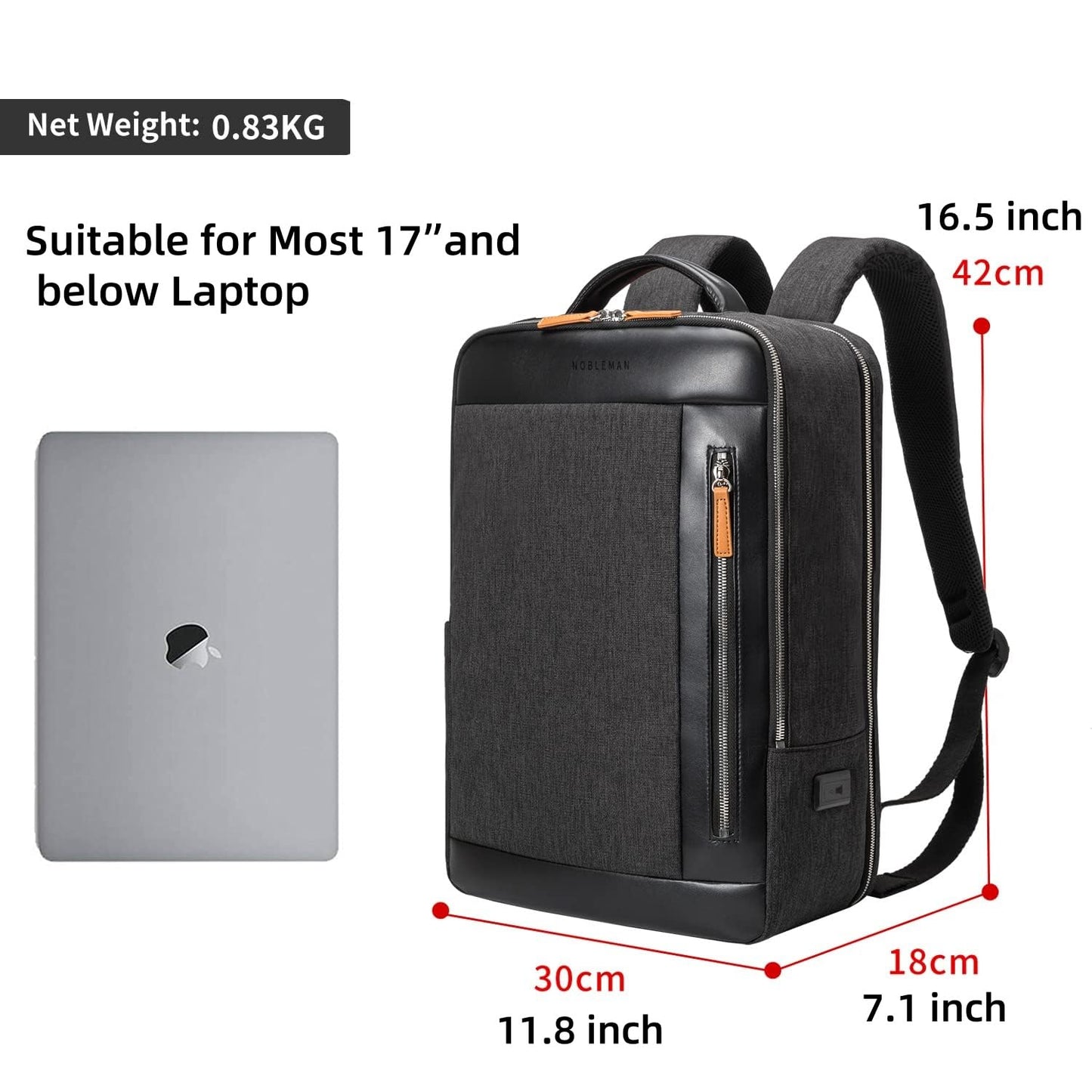NOBLEMAN Professional Laptop Computer Backpack Men, Luxury Expandable Travel Business Office Backpacks for Executive Men, Nice Leather Waterproof College Bookbag Bag Fits 17 Inch Tech Laptop (Black) 