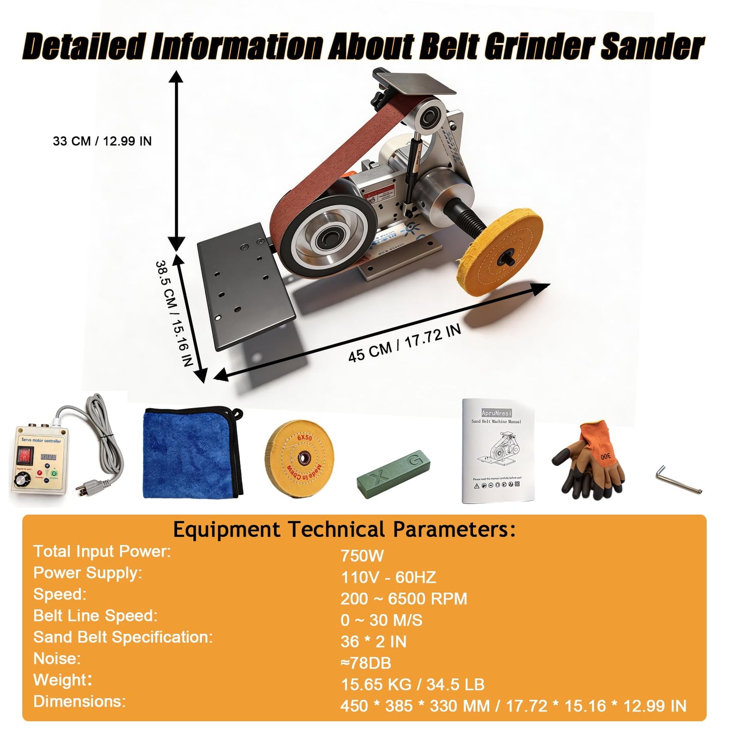 Belt Grinder Sander, 36 x 2-Inch Variable Speed Belt Polisher with VFD, 110V 750W Electric Grinding Machine with Polishing Tip, Cloth Wheel and 3PCS Sanding Belts for Metalworking (Rubber Wheel)
