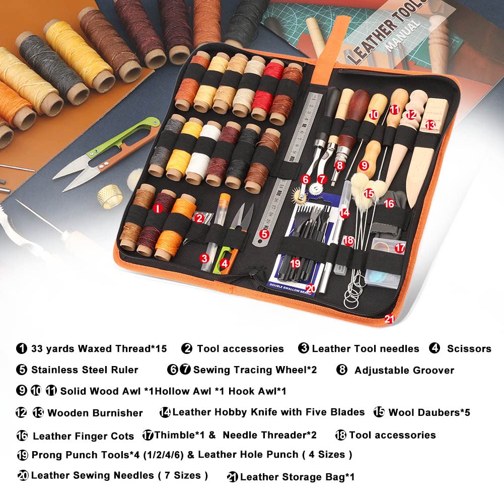 BUTUZE Leather Working Tools, Practical Leather Craft Kit with Waxed Thread Groover Awl Stitching Punch Hole for Leathercraft Beginner or Adults Gifts - Comes with Tool Manual
