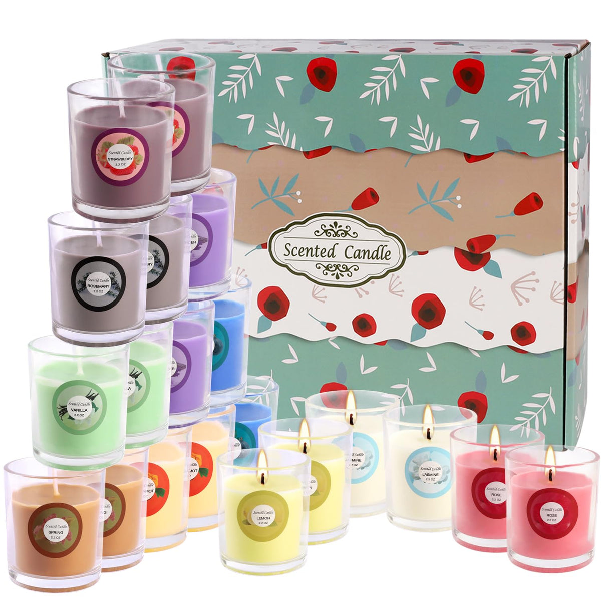 WREXCS Scented Candles with 10 Fragrances Gift Set for Home and Women,2.2oz Aromatherapy Soy Wax Glass Jar Candle,20 Pack