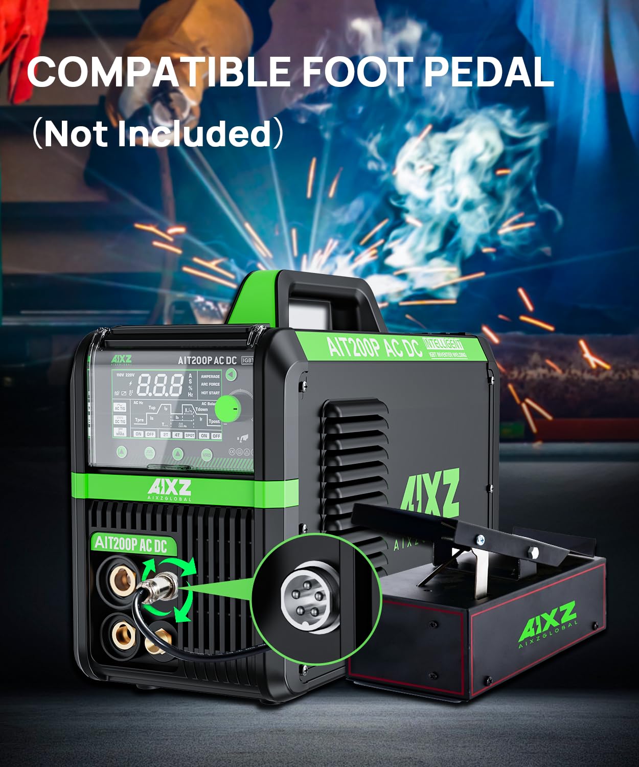 AIXZGLOBAL AIT200P AC/DC TIG Welder, 200A 110V/220V Aluminum Welding Machine with AC/DC TIG, Pulse TIG, Spot TIG, HF Start & Stick Welding, Foot Pedal Compatible, IGBT Inverter, Large HD Display