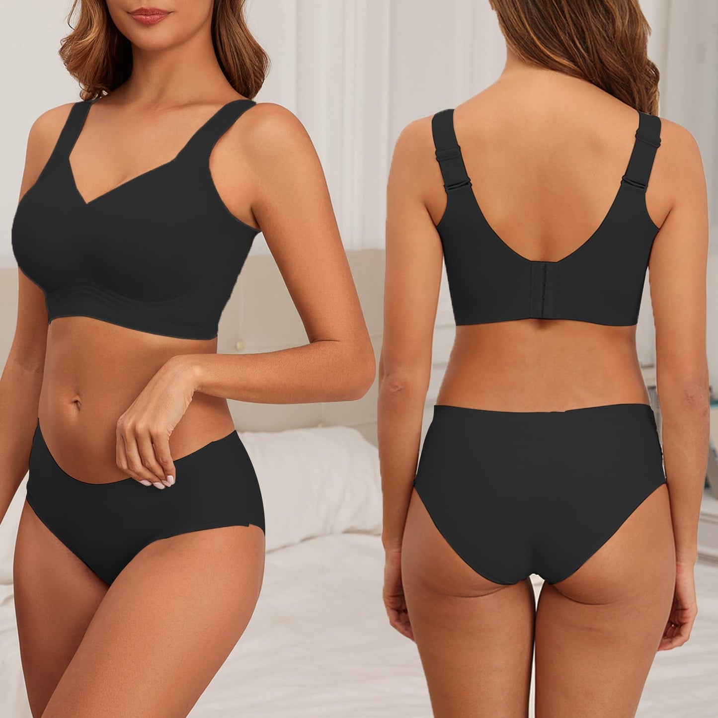 PoseFree Wireless Bras with Support and Lift Wirefree Bras Lift Sagging Breasts Bralette Push Up Seamless Sleep Bra (Black,L)