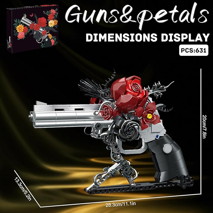 Guns & Petals Decorative Revolver Building Blocks with Red Roses Gothic Rose Revolver Building Kit Gothic Style Display Piece Creative Gift for Adults Teens 631 PCS