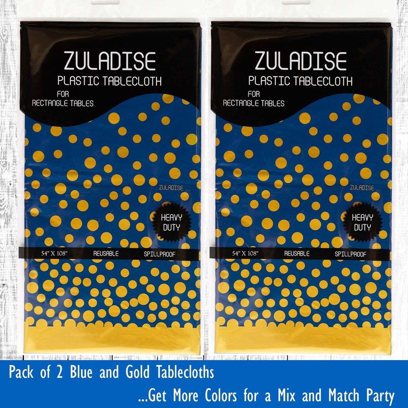 ZULADISE 2 Pack Premium Blue and Gold Plastic Tablecloths – Thick, Durable, Reusable Table Covers (54 x 108 in) – Disposable Party Tablecloths for Birthday, Graduation and Event Decorations