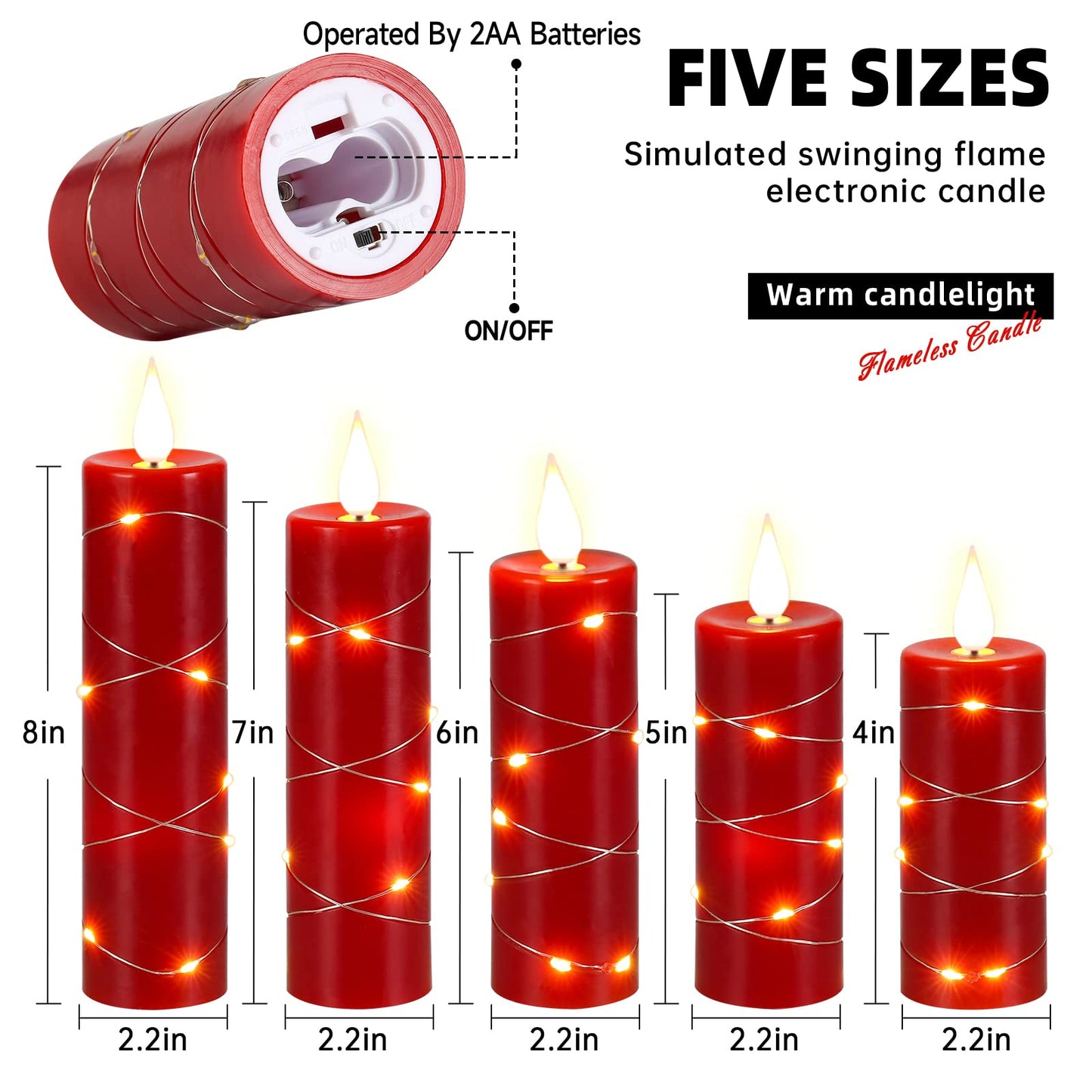 Upinmz Red Flameless Candle with Remote Control and Timer,Flickering Battery Operated Candles with String Lights,LED Pillar Candles,Set of 5