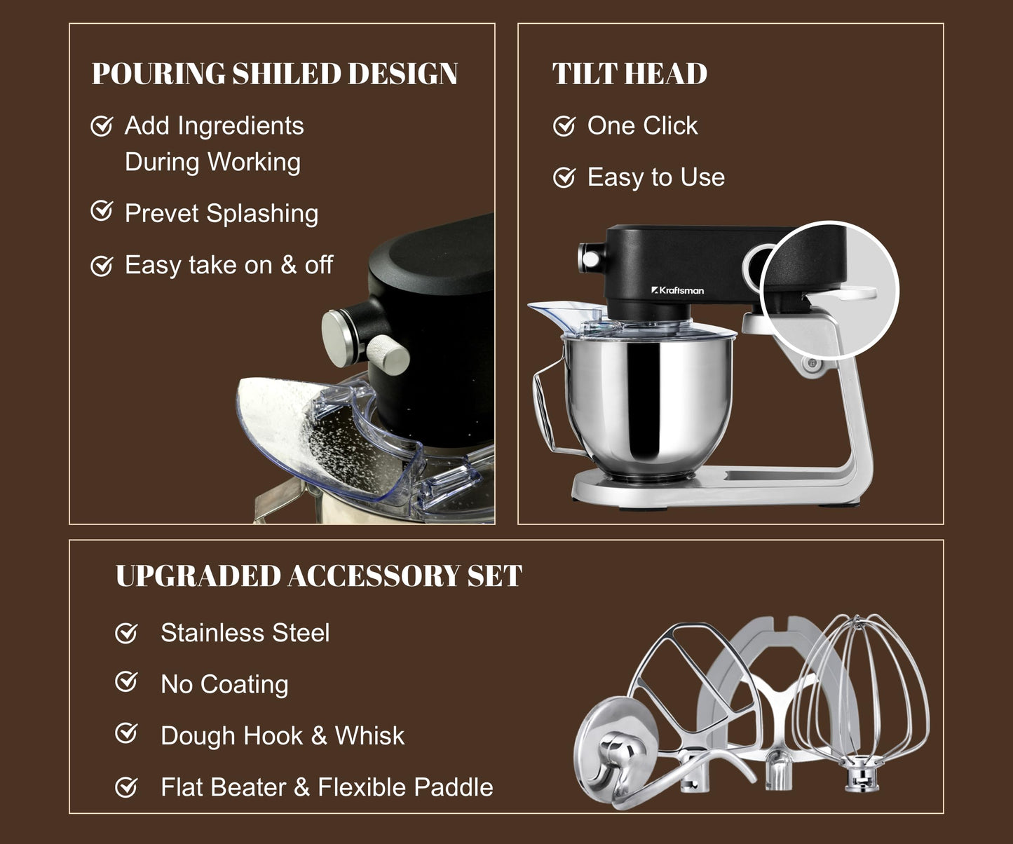 Kraftsman All Metal Stand Mixer DC Motor - Heavy Duty Dough Mixer 5.3 Quart with 4 Stainless Steel Attachments, Quiet Operation with Timer, Verstile Standing Mixer with Power Hub, 8-Speed (Black)