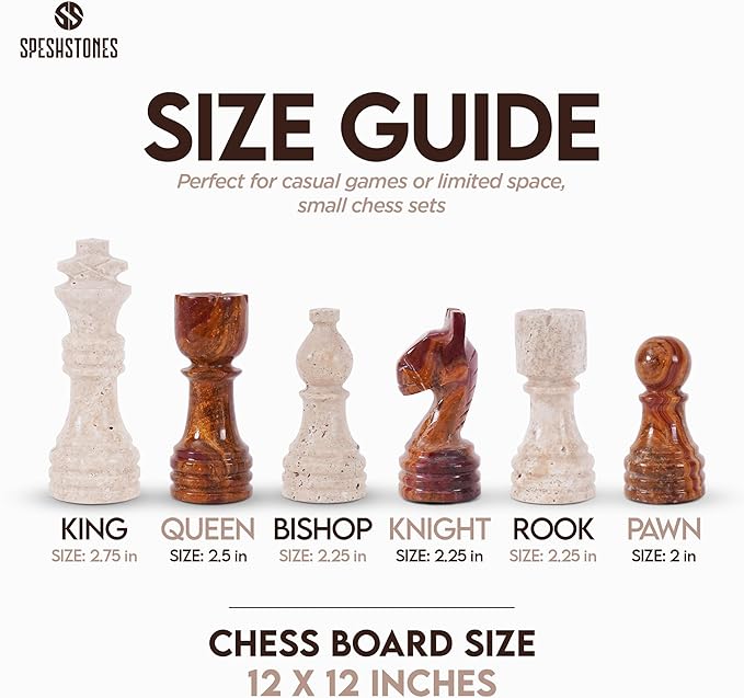 Marble Chess Set for Adults 12 Inch Handmade Travertine and Brown Board Game with Storage Box Classic Table Chess Set with Pieces & 2 Extra Queens Gifts & Home Décor