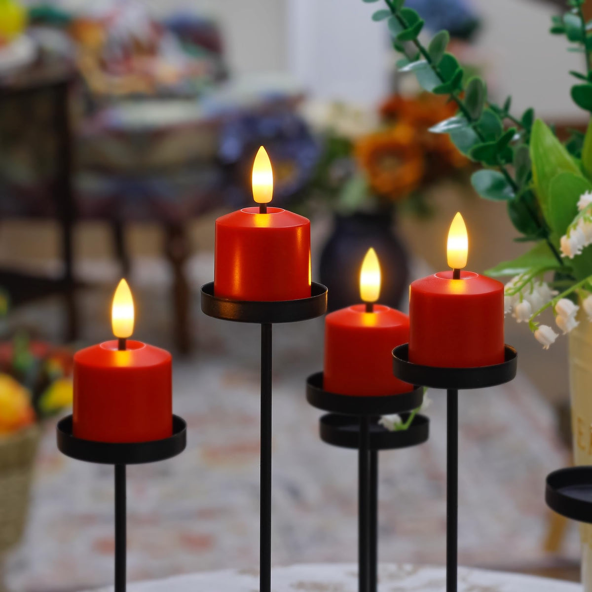 Mavandes Small Flickering Tea Light Flameless Candles with Battery and Remote,1.5" x2.5" Red LED 2/4/6/8H Timer Votive Battery Operated Pillar Plastic Long Lasting 6pcs Tealight Candles
