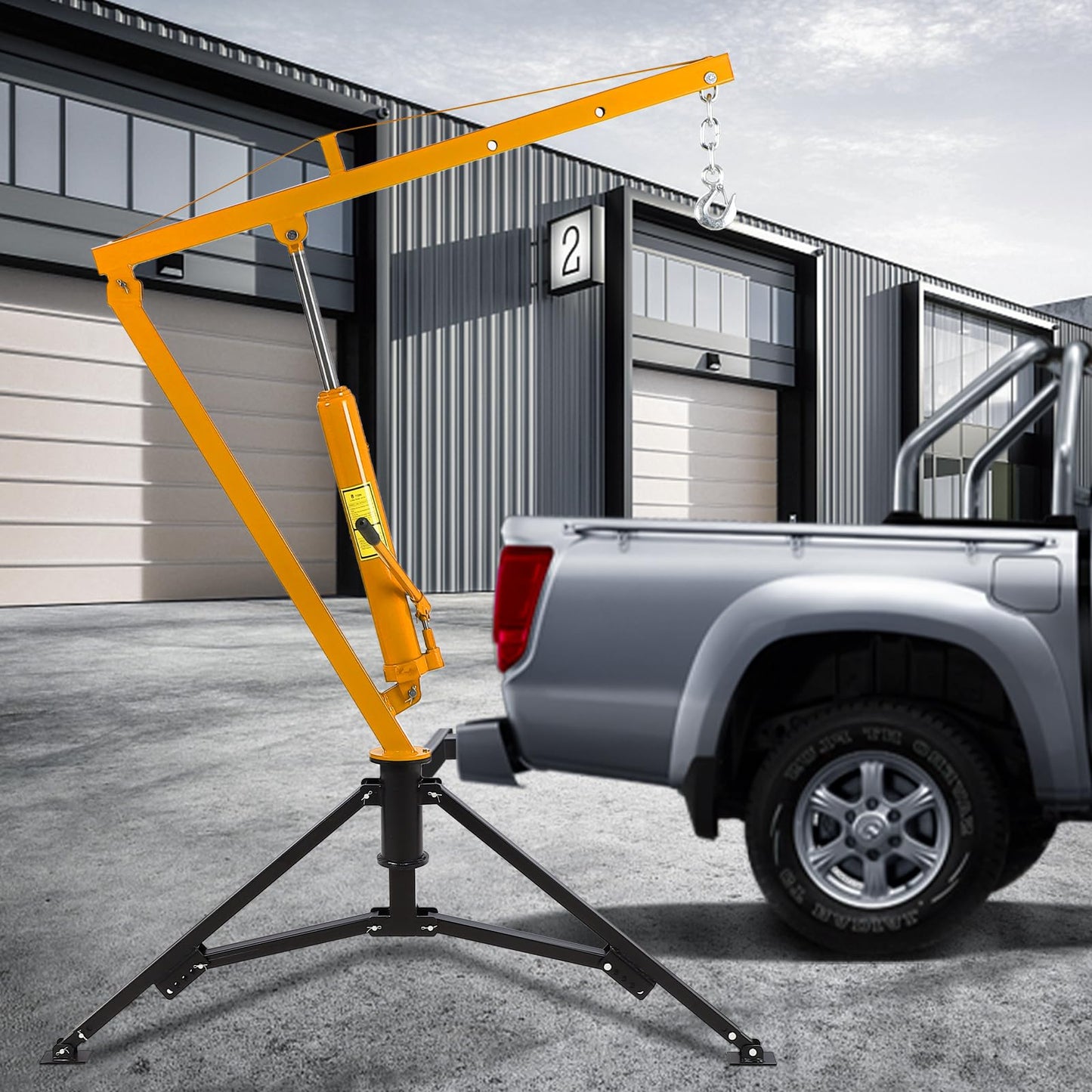 1000 LB Capacity Hydraulic Hitch Mounted Crane, 360° Swivel Truck Bed Crane with 3 Adjustable Capacities for Lifting Heavy Motors, Construction Goods & Cargo, Yellow