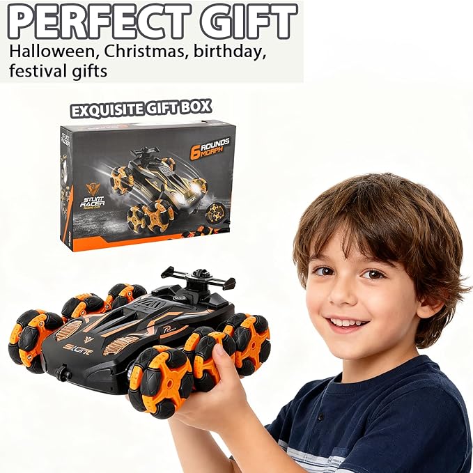 6WD Gesture Sensing RC Stunt Cars 2.4Ghz Remote Control CarsToys Gifts for Kids 8 9 10 11 12 Year Old Boys Girls360° Rotation Drift Car with Light & Music DMRC010-O