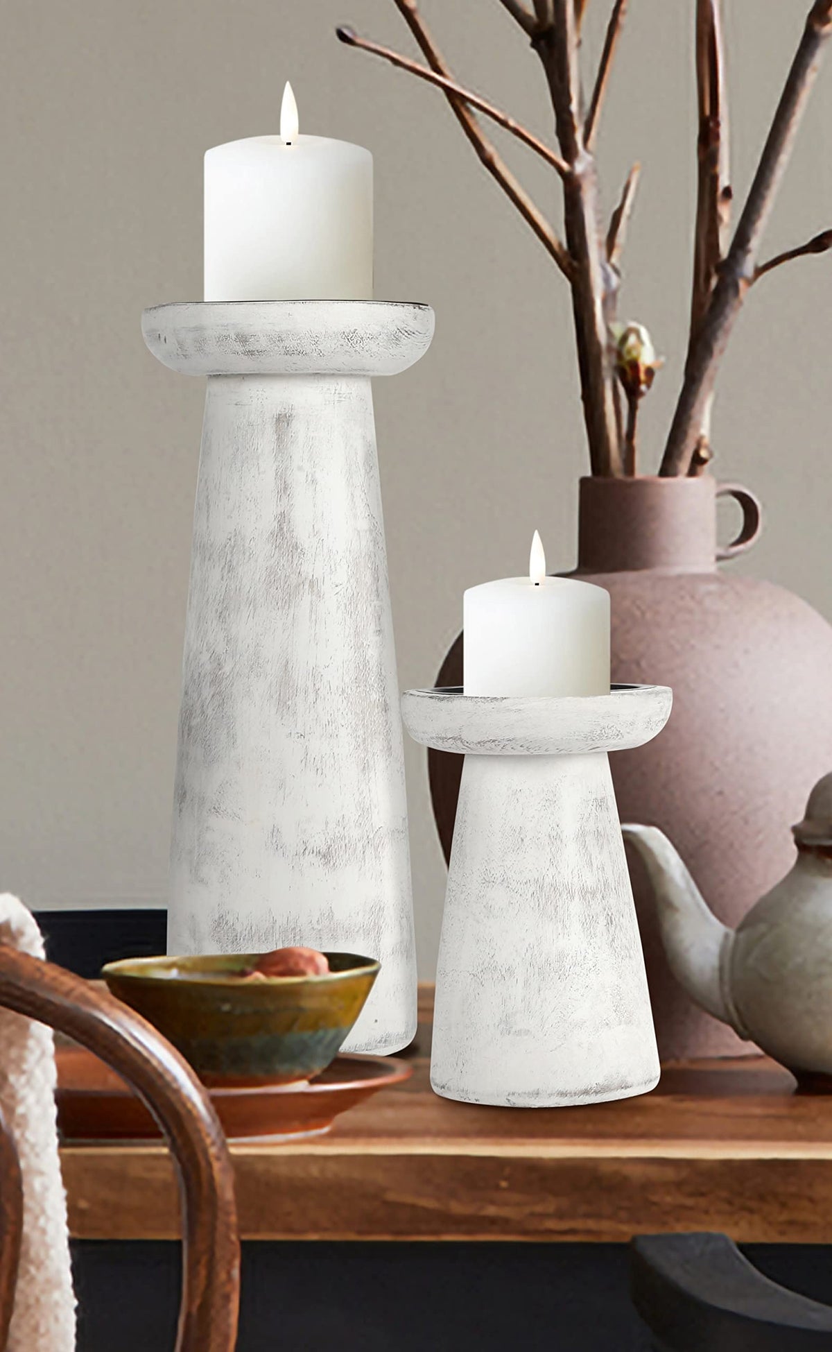 Hand Crafted Wooden Pillar Candle Holder Set of 3, Ideal for LED and Pillar Candle, Gift for Wedding, Christmas, Party, Home, Spa, Reiki, Aromatherapy,Votive Candle Gardens, 10,8,6 Inch, Antique White