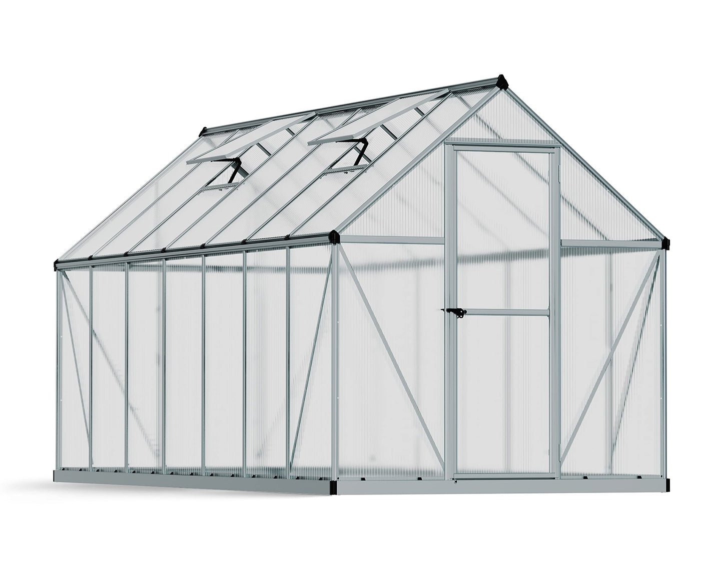 Palram - Canopia 6x14 Greenhouse Kit, Hobby Walk-In Twin-Wall UV Polycarbonate Heavy Duty Aluminum Frame, Lockable Door, Adjustable Roof Vent, Rain Gutters, Galvanized Steel Base, Mythos (Gray)