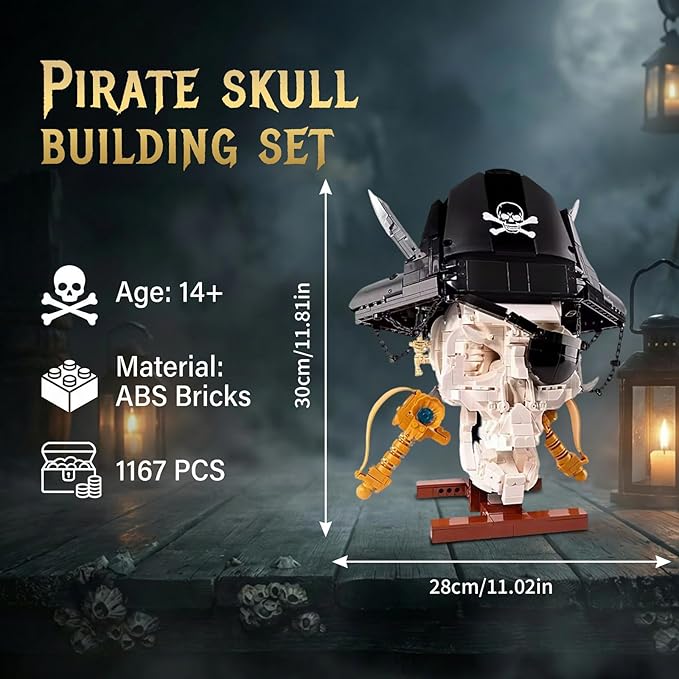 Gothic Pirate Skull Building Set for AdultsHorror Skeleton Head Model with Display Base Cool Unique Ideal Building Block Sets for Home Table Decor (1167 PCS)