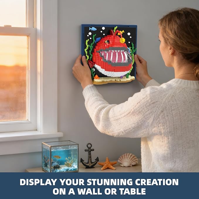 Angler Fish Animal 3D Wall Art Micro Mini Building Blocks Set Unique Home Wall Decor or Table Display No Compatible with Lego Ideal Gift Toy for Adults & Boys Girls 14+ (1626 PCS)