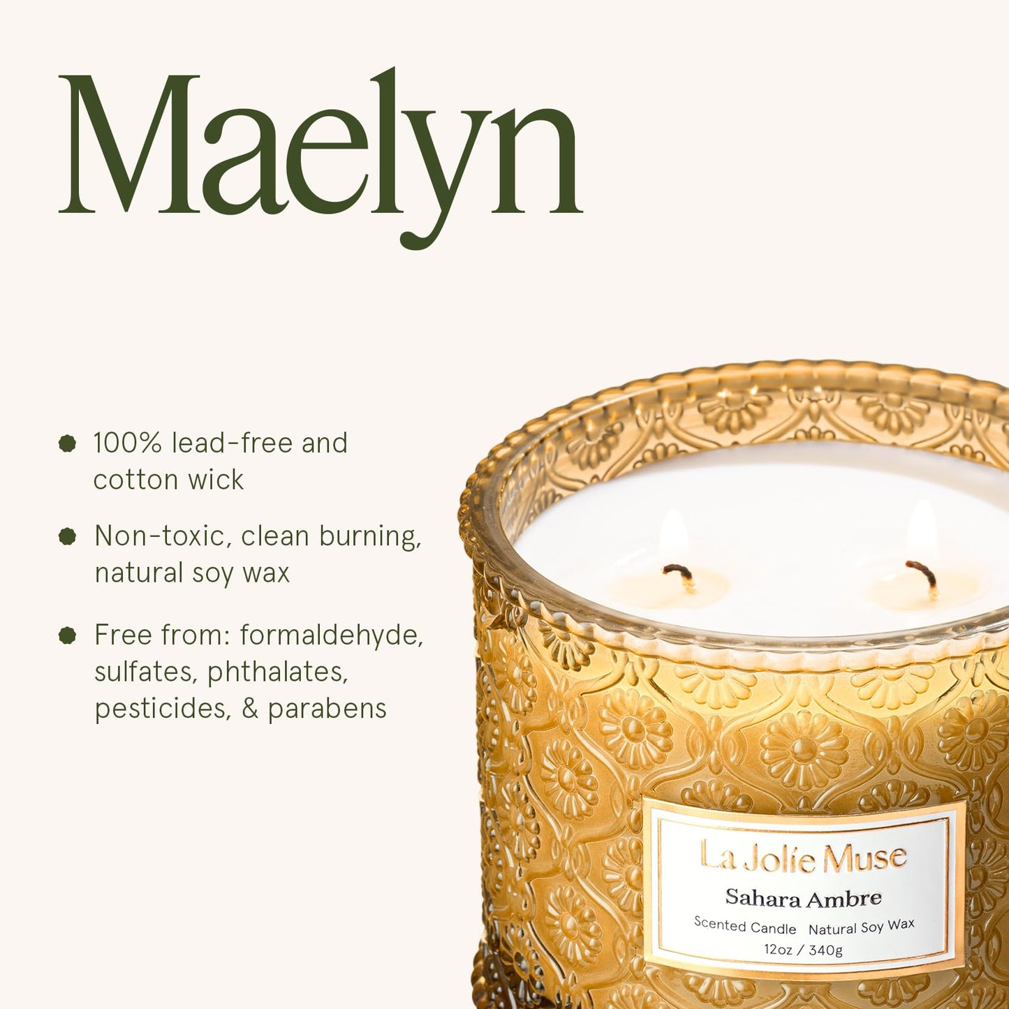 LA JOLIE MUSE Sahara Amber Scented Candles for Home | 2-Wick Non Toxic Natural Soy | Luxury Decorative Large Jar Candle | Gifts for Women & Men |Bergamot Musk | 12 oz