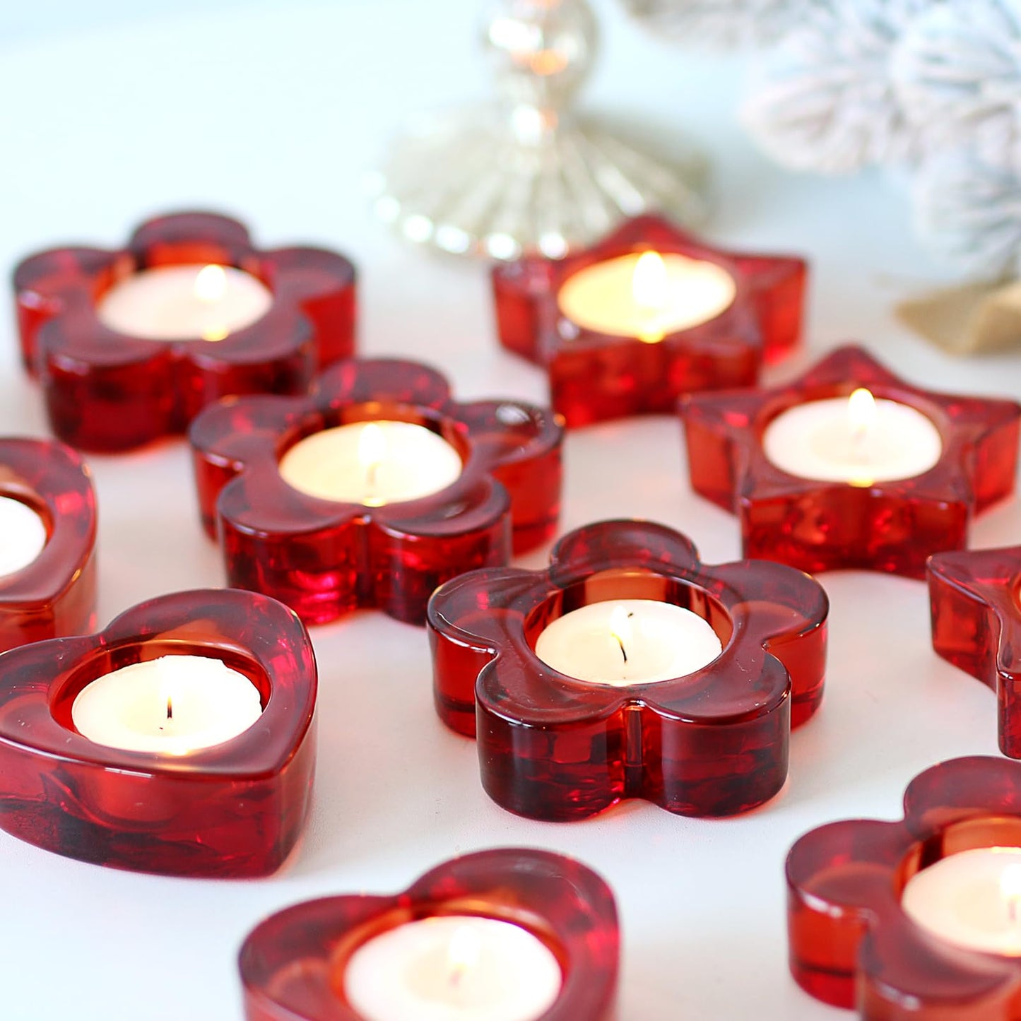 Red Votive Candle Holders Set of 12, (3 Sizes,Heart/Flower/Star) Glass Tealight Candle Holders Bulk for Wedding Table Centerpiece,Birthday Party,Valentines Day,Christmas Decorations,Home Decor(Red)