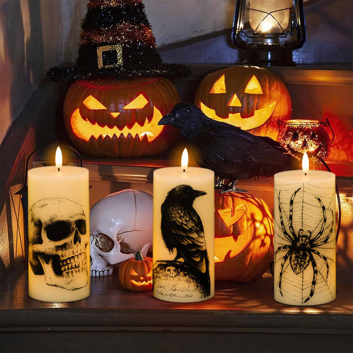 DRomance Halloween Flameless Candles Battery Operated with Remote and Timer, Real Wax 3D Wick LED Flickering Pillar Candles Skull Crow Spider Web Decals Dinner Halloween Decor(3 Pack, 3" D x 6" H)