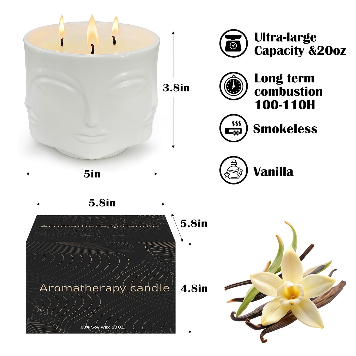Strong Vanilla 3 Wick White Large Candle, 20oz, Ceramic, Outdoor Scented Candles, 100% Soy, for Home Scented, Yoga, Meditation, Patio, Table Decor, Beautiful Candle Jars