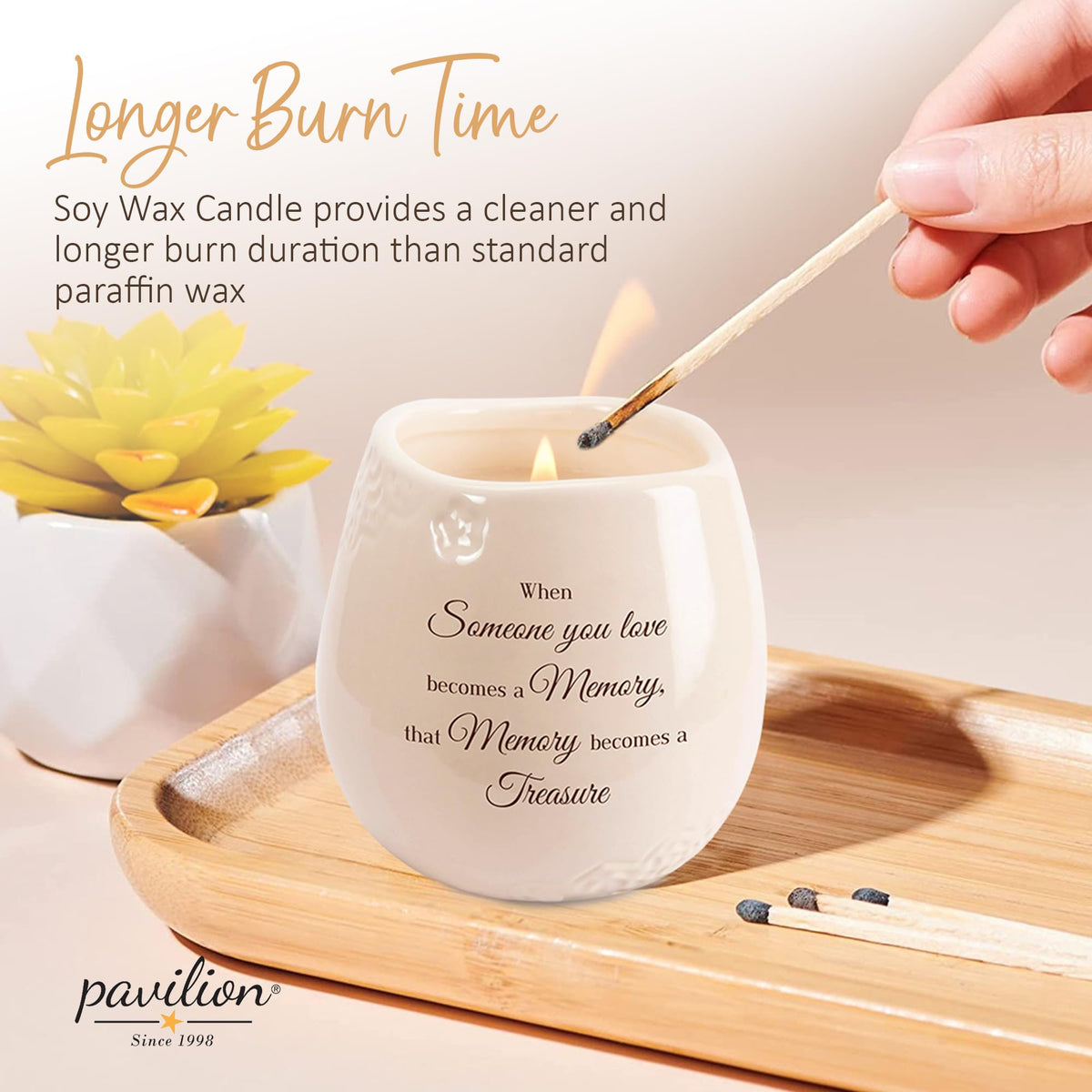 Pavilion - 8 Oz Candle Holder - Cream Beige Ceramic Candle Vessel with 100% Soy Wax, Tranquility Scent When Someone You Love Becomes A Memory Remembrance Gift - Printed Text, Love Theme, Round Shape