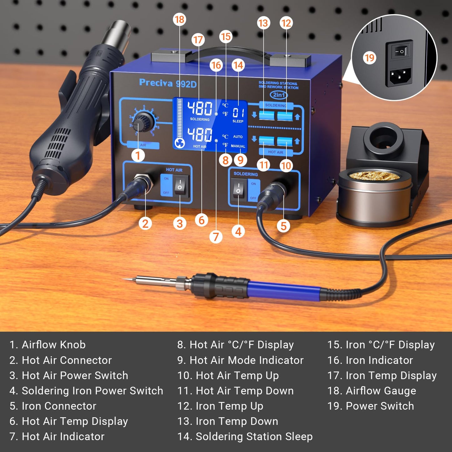 Preciva 992D 2-in-1 Soldering & Hot Air Rework Station with LCD Display – PID Temperature Control, Auto/Manual Hot Air Mode, Sleep Function for Iron, SMD Rework, Electronics Repair (750W)