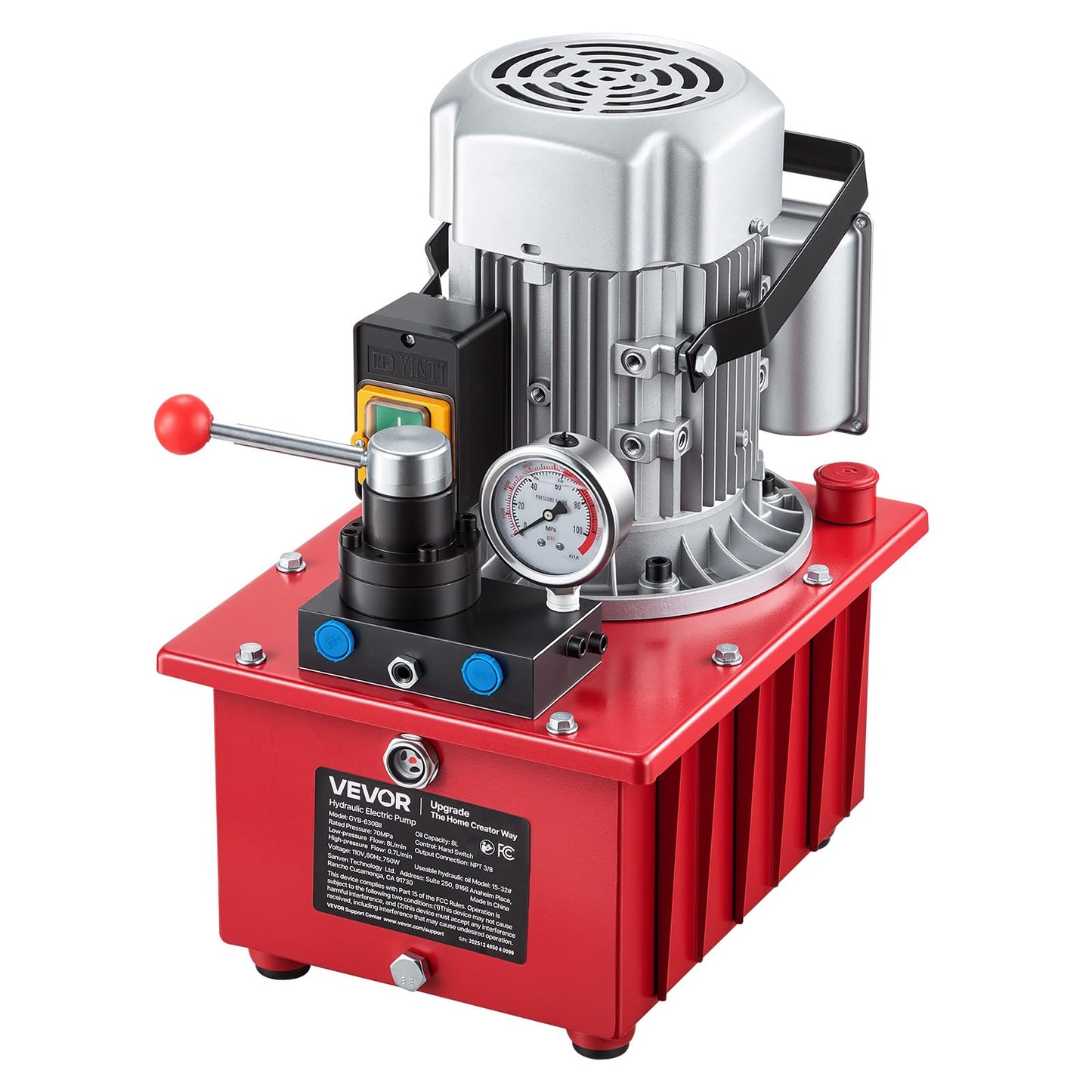 VEVOR Electric Hydraulic Pump, 750W 10,000 PSI, 120V Double Acting Electric Driven Hydraulic Pump Power Pack Unit, with Manual Valve, 2.1 Gallon / 8L, for Punching, Bending, Double Acting Cylinders